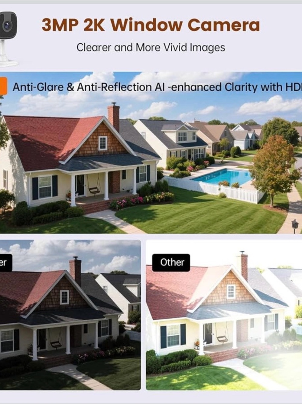 3MP 2K Window Camera - Anti-Glare, AI-enhanced Clarity